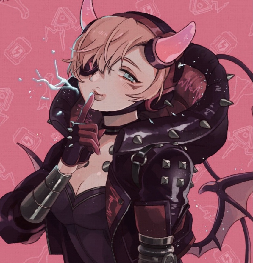 animification apex_legends black_bodysuit black_gloves black_headwear black_jacket blush bodysuit breasts cable cleavage cyber_punked_wattson eyepatch female gloves highres hood hooded_jacket horns jacket looking_to_the_side medium_breasts official_alternate_costume one_eye_covered pink_hair shimijimi solo spiked_gloves spiked_jacket wattson_(apex_legends) wings