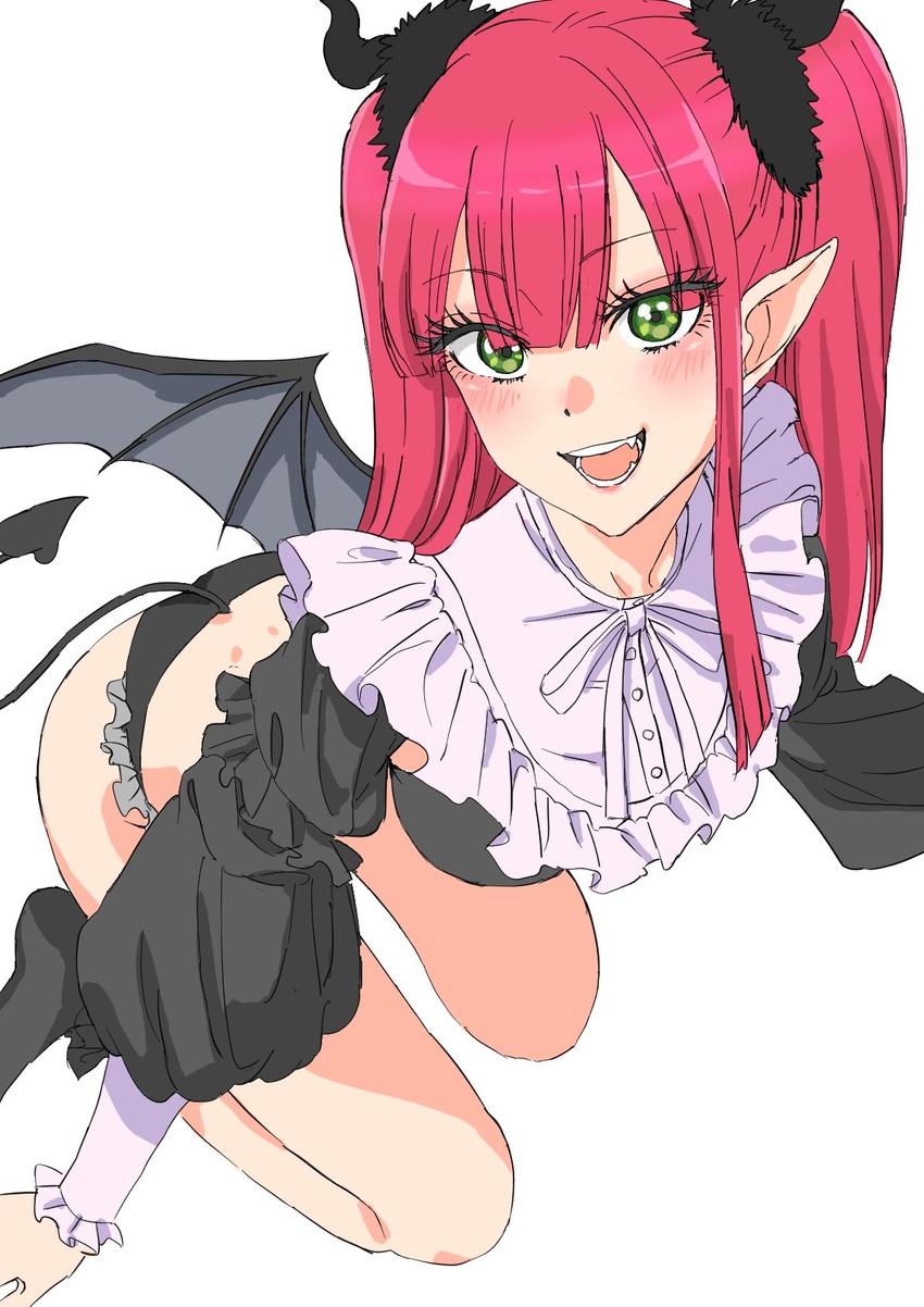 :d ass bare_legs black_panties black_socks blunt_bangs blush bobby_socks breasts cosplay demon_girl demon_horns demon_tail fake_horns fake_tail fake_wings fangs female frilled_panties frills green_eyes hair_between_eyes highres horns kitagawa_marin kneeling looking_at_viewer medium_breasts no_shoes open_mouth panties pointy_ears puffy_sleeves red_hair rizu-kyun rizu-kyun_(cosplay) simple_background smile socks solo sono_bisque_doll_wa_koi_wo_suru tail tamura_satomi teeth thighs two_side_up underwear white_background wings