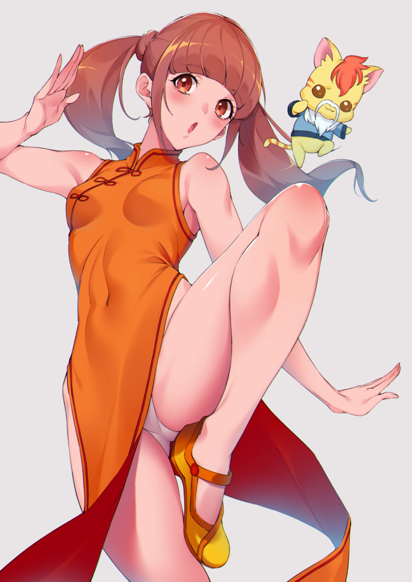 :o arm_up ass_visible_through_thighs bare_legs bare_shoulders beard blunt_bangs blush breasts brown_hair china_dress chinese_clothes creature dress facial_hair female fighting_stance grey_background healin'_good_precure healing_animal highres hiramitsu_hinata leg_up long_hair looking_at_viewer nyatoran_(precure) open_mouth orange_dress orange_footwear panties pantyshot pelvic_curtain precure red_eyes shoes sidelocks simple_background sleeveless sleeveless_dress small_breasts solo standing standing_on_one_leg sugarbeat twintails underwear white_panties