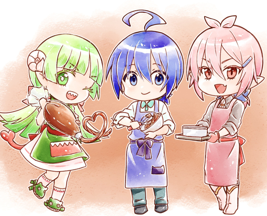 2boys ;d ahoge apron asmodeus_alice blue_apron blue_eyes blue_ribbon boots chibi closed_mouth collared_shirt curled_horns demon_boy demon_girl eyelashes female full_body green_eyes green_hair green_pants grey_shirt hair_between_eyes hair_ornament hairclip highres holding_pastry_bag horns icing leg_up long_hair mairimashita!_iruma-kun md5_mismatch mixing_bowl multiple_boys oerba_yun_fang one_eye_closed open_mouth pants pastry_bag pink_apron pink_hair pointy_ears ponytail purutera red_eyes red_ribbon ribbon sharp_teeth shirt short_hair short_ponytail simple_background skin_fang smile standing suzuki_iruma teeth valac_clara whisk white_footwear white_shirt