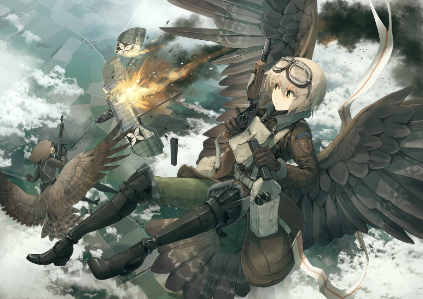 2girls above_clouds aircraft airplane asterisk_kome bird_wings black_footwear black_gloves black_jacket boots brown_coat brown_eyes brown_hair brown_wings closed_eyes cloud coat commentary cross day explosion flying frown gloves goggles goggles_on_head grey_hair grey_pants gun highres holding holding_gun holding_magazine_(weapon) holding_weapon iron_cross jacket knee_boots low_wings magazine_(weapon) medium_hair military military_uniform multiple_girls outdoors pants parachute pennant roundel short_hair smoke submachine_gun thompson_submachine_gun uniform war weapon winged_fusiliers wings