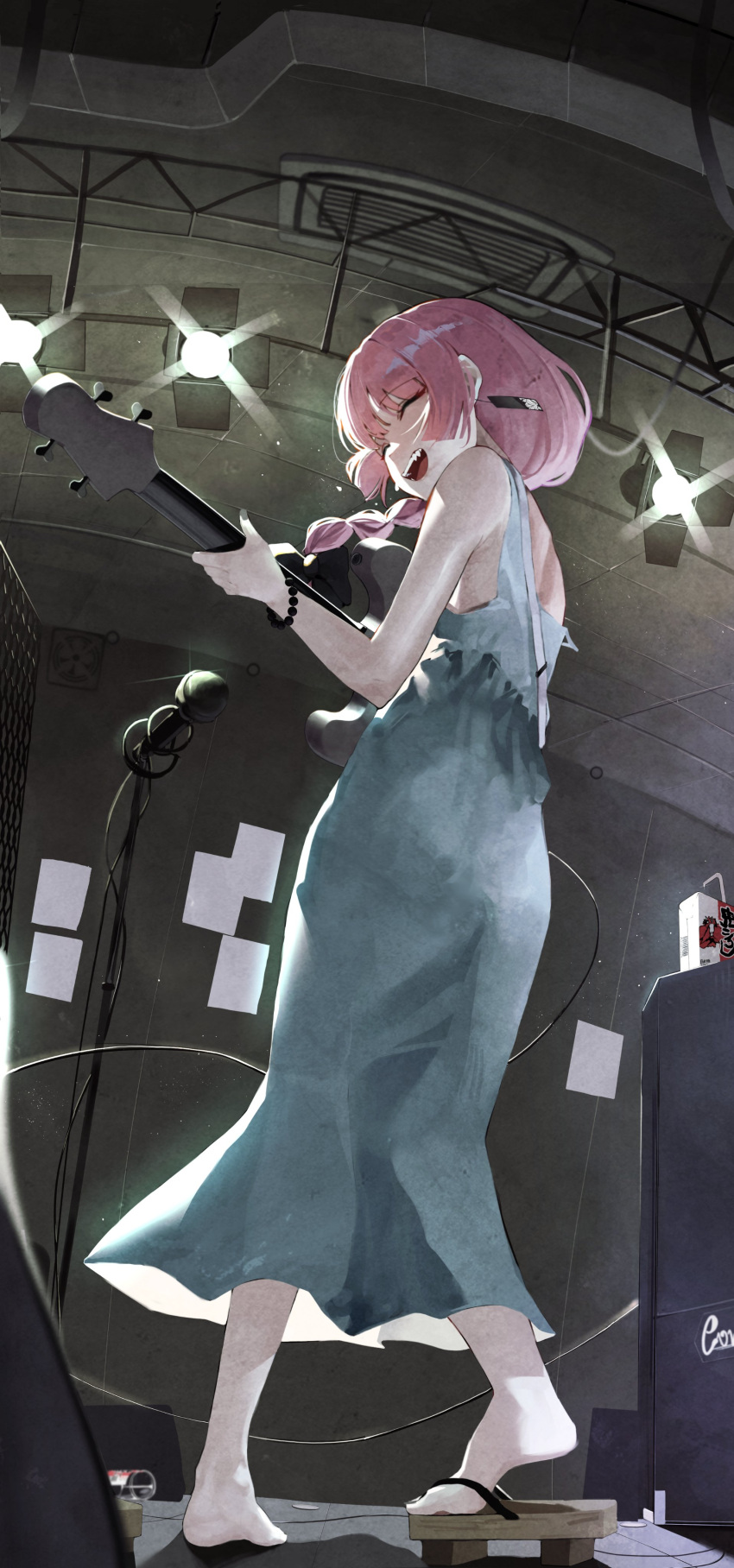 absurdres amplifier bare_shoulders barefoot bead_bracelet beads blunt_bangs bocchi_the_rock! bracelet braid cable closed_eyes commentary dress electric_guitar facing_to_the_side fangs female floating_hair from_behind full_body geta green_dress guitar hair_over_shoulder hanafuda_earrings highres hiroi_kikuri holding holding_instrument indoors instrument jewelry long_dress long_hair medium_bangs microphone_stand music nail_polish open_mouth playing_instrument pomp_(qhtjd0120) purple_hair sandals sharp_teeth shoulder_strap single_braid single_sandal sleeveless sleeveless_dress smile solo spaghetti_strap stage stage_lights standing sweat symbol-only_commentary teeth truss