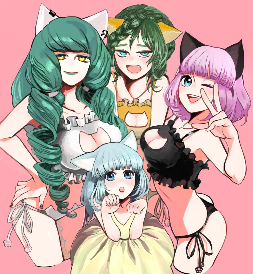 4girls animal_cutout animal_ears anne_petriceani bell black_bra black_panties bra breasts cat_cutout cat_ear_panties cat_ears cat_lingerie cleavage cleavage_cutout clothing_cutout dress fiore_brunelli frilled_bra frills highres jingle_bell large_breasts long_hair looking_at_viewer meme_attire miki_sauvester multiple_girls nail_polish open_mouth panties paw_pose relia_(star_ocean) short_hair side-tie_panties simple_background smile sowasan_(sowasowa) star_ocean star_ocean_integrity_and_faithlessness underwear underwear_only white_bra