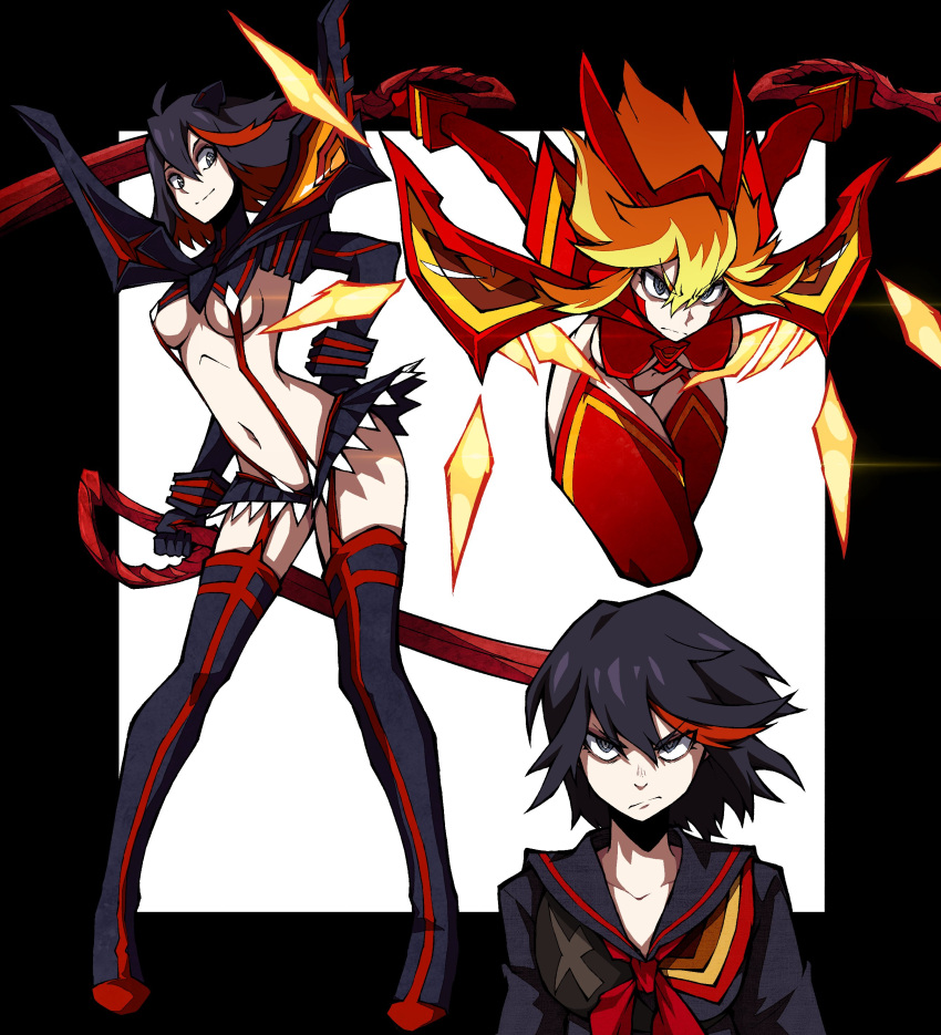 absurdres black_hair blonde_hair boots breasts dual_wielding english_commentary female glaring hair_between_eyes highres holding holding_sword holding_weapon kamui_(kill_la_kill) kekel kill_la_kill life_fiber living_clothes looking_at_viewer matoi_ryuuko microskirt multicolored_hair multiple_views navel outside_border red_hair revealing_clothes sailor_collar school_uniform scissor_blade_(kill_la_kill) senketsu senketsu-kisaragi serafuku short_hair skirt smile streaked_hair suspenders sword thigh_boots two-tone_hair underboob weapon