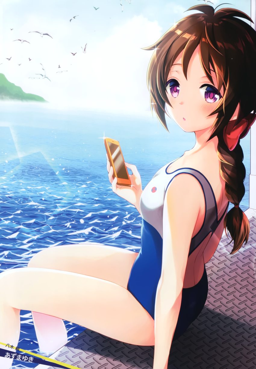 absurdres artist_name azuma_yuki blue_one-piece_swimsuit blush bow braid braided_ponytail breasts brown_hair cellphone character_name collarbone competition_swimsuit female from_side hairbow high_school_fleet highres holding holding_phone long_hair looking_at_viewer low_ponytail ocean official_art one-piece_swimsuit open_mouth phone purple_eyes red_bow scan school_swimsuit sitting small_breasts smartphone soaking_feet solo swimsuit yagi_tsugumi yokosuka_girls_marine_high_school_swimsuit