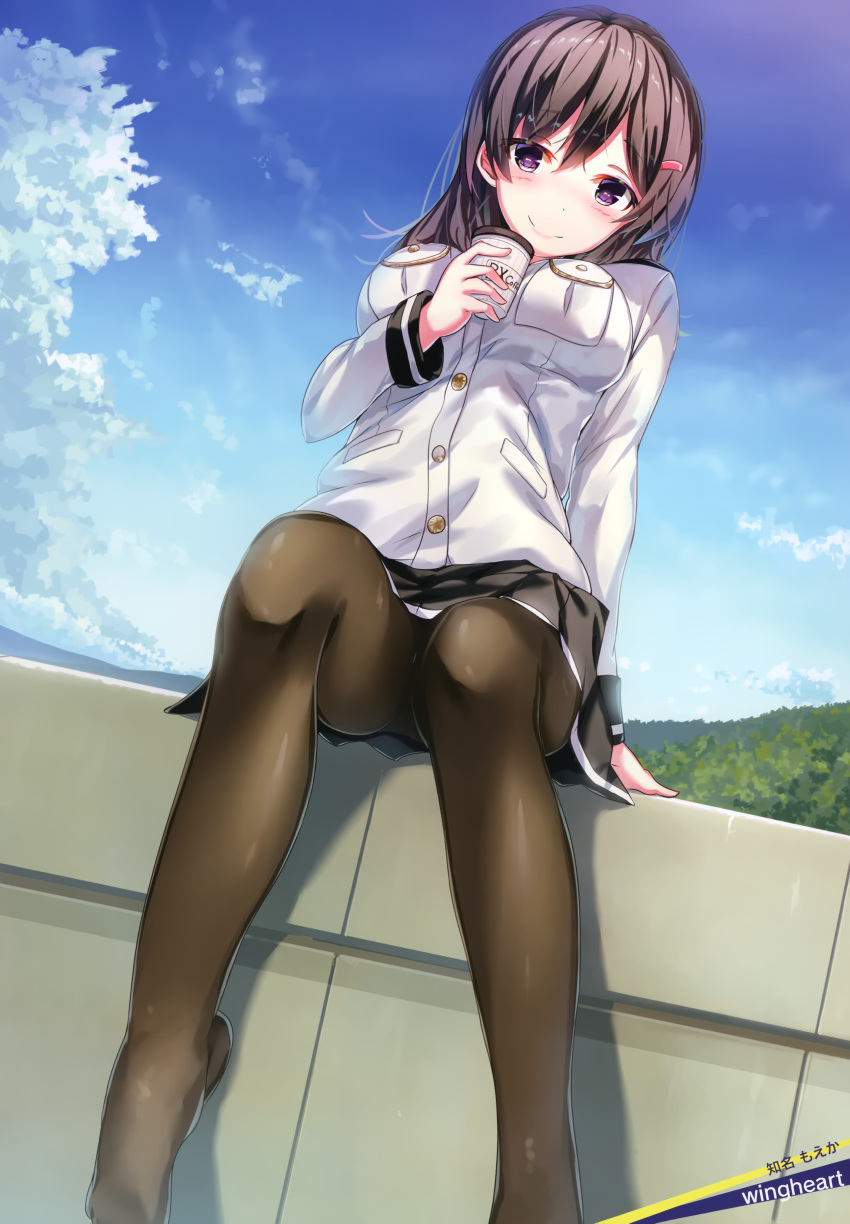 absurdres artist_name black_skirt blue_sky blush breasts brown_hair brown_pantyhose can character_name china_moeka closed_mouth cloud day female from_below hair_between_eyes hair_ornament hairclip high_school_fleet highres holding holding_can jacket long_hair long_sleeves looking_at_viewer medium_breasts military military_uniform miniskirt official_art outdoors panties panties_under_pantyhose pantyhose pantyshot pleated_skirt purple_eyes scan sitting skirt sky smile solo underwear uniform white_jacket wingheart