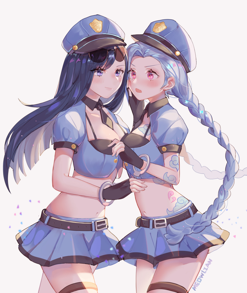 2girls absurdres belt black_gloves black_hair blue_hair blue_headwear blue_shirt blue_skirt braid breasts caitlyn_(league_of_legends) cowboy_shot crop_top cuffs eyewear_on_head fingerless_gloves gloves handcuffs hat highres jinx_(league_of_legends) league_of_legends long_hair looking_at_another medium_breasts meowlian midriff miniskirt multiple_girls navel necktie officer_caitlyn open_mouth peaked_cap police police_hat police_uniform policewoman purple_eyes red_eyes shirt short_necktie short_sleeves simple_background skirt stomach sunglasses tattoo thigh_strap thighs twin_braids twintails uniform v-shaped_eyebrows very_long_hair white_background wing_collar