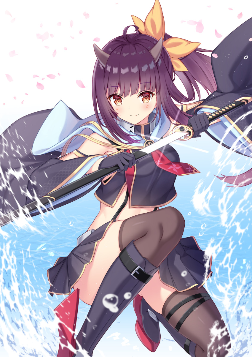 absurdres ahoge armpit_peek azur_lane bare_shoulders black_gloves black_serafuku black_shirt black_skirt boots brown_eyes brown_thighhighs convenient_leg crop_top crop_top_overhang detached_sleeves female gloves gold_trim hair_ribbon highres holding holding_sword holding_weapon horns isuzu_(azur_lane) isuzu_(retrofit)_(azur_lane) katana long_hair looking_at_viewer midriff miniskirt petals pleated_skirt ponytail purple_hair ribbon rudder_footwear sailor_collar school_uniform serafuku sheath shirt skirt smile solo suspenders sword t@ke-g thighhighs unsheathing water weapon wide_sleeves