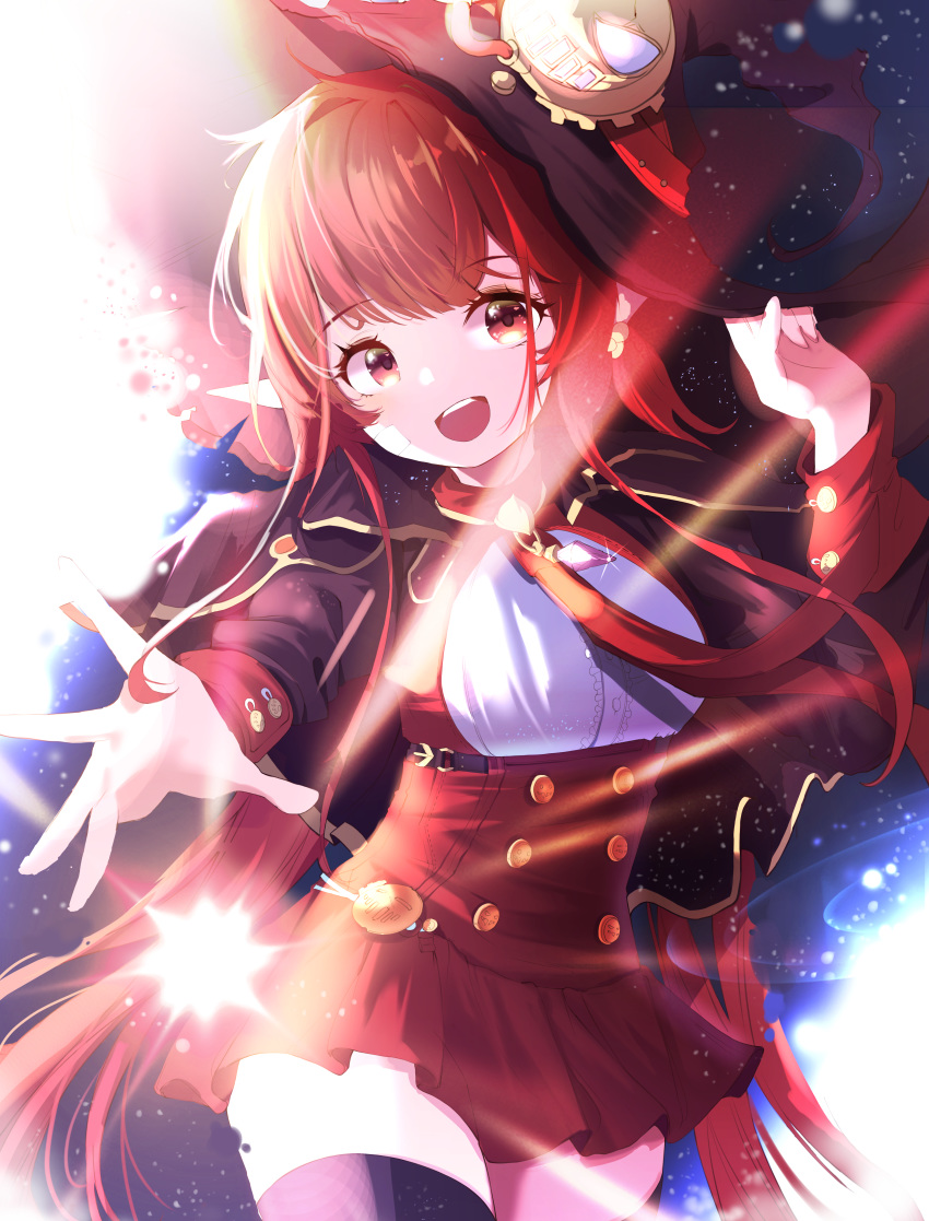 :d absurdres ahr_tato black_hat black_thighhighs buttons commentary cowboy_shot dungeon_and_fighter female female_mage_(dungeon_and_fighter) hat highres long_hair looking_at_viewer mage_(dungeon_and_fighter) magician open_mouth pointy_ears reaching reaching_towards_viewer red_eyes red_hair red_skirt sidelocks skirt smile solo standing symbol-only_commentary teeth thighhighs upper_teeth_only very_long_hair witch_(dungeon_and_fighter)