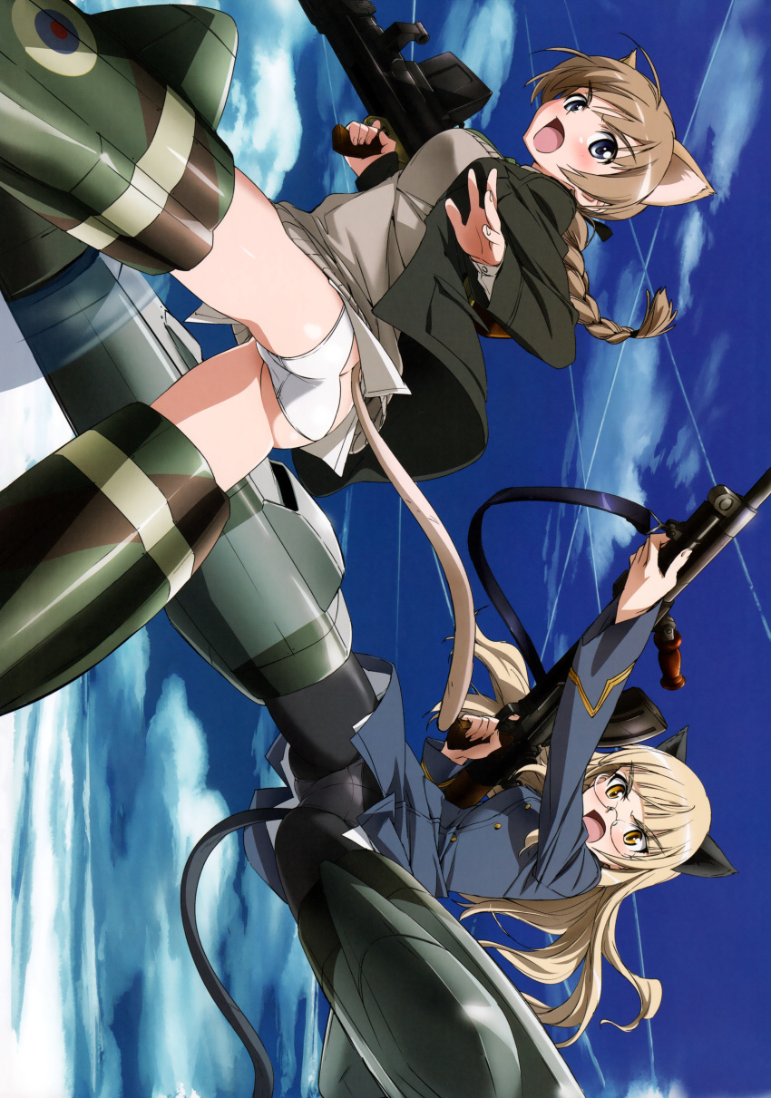 2girls absurdres animal_ears anti-materiel_rifle ass blonde_hair blue_eyes blush boys_anti_tank_rifle braid bren_lmg brown_hair butt_crack cat_ears cat_girl cat_tail crotch_seam exif_rotation glasses gun highres light_machine_gun long_hair lynette_bishop multiple_girls no_pants official_art outdoors panties panties_under_pantyhose pantyhose perrine_h._clostermann photoshop_(medium) rifle scan single_braid sky sniper_rifle strike_witches striker_unit tail takamura_kazuhiro underwear weapon white_panties world_witches_series yellow_eyes