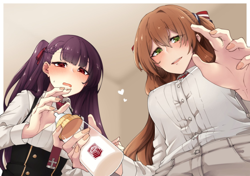 2girls baby_bottle blush bottle breasts brown_hair girls'_frontline green_eyes hair_between_eyes hair_ribbon highres holding holding_bottle large_breasts long_hair long_sleeves looking_at_viewer milk multiple_girls nakiusagi necktie one_side_up purple_hair red_eyes red_necktie ribbon springfield_(girls'_frontline) sweatdrop wa2000_(girls'_frontline)