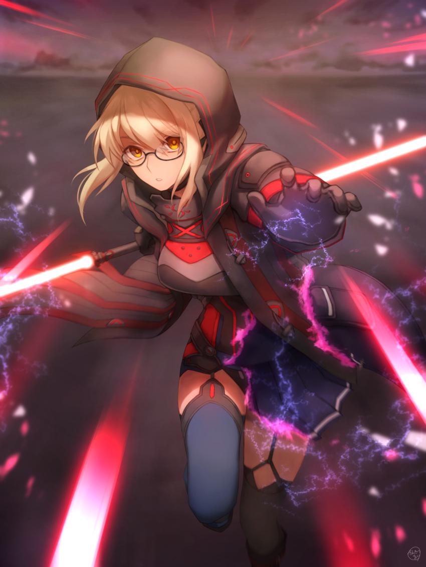 absurdres artoria_pendragon_(fate) asymmetrical_legwear beam_saber black_gloves black_jacket black_legwear blonde_hair blue_skirt blue_thighhighs fate/grand_order fate_(series) female floating_hair garter_straps gloves highres hood hood_up hooded_jacket jacket kankitsurui_(house_of_citrus) long_sleeves looking_at_viewer miniskirt mysterious_heroine_x_alter_(fate) mysterious_heroine_x_alter_(third_ascension)_(fate) ocean pleated_skirt running saberstaff short_hair skirt solo thighhighs uneven_legwear