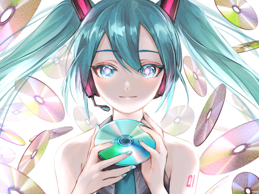 aqua_eyes aqua_hair aqua_nails bad_id bad_pixiv_id bare_shoulders bright_pupils cd commentary female floating floating_hair floating_object hair_between_eyes hatsune_miku headset highres holding_cd iridescent long_hair moffumoto multicolored_eyes necktie pink_eyes sleeveless solo twintails vocaloid white_pupils