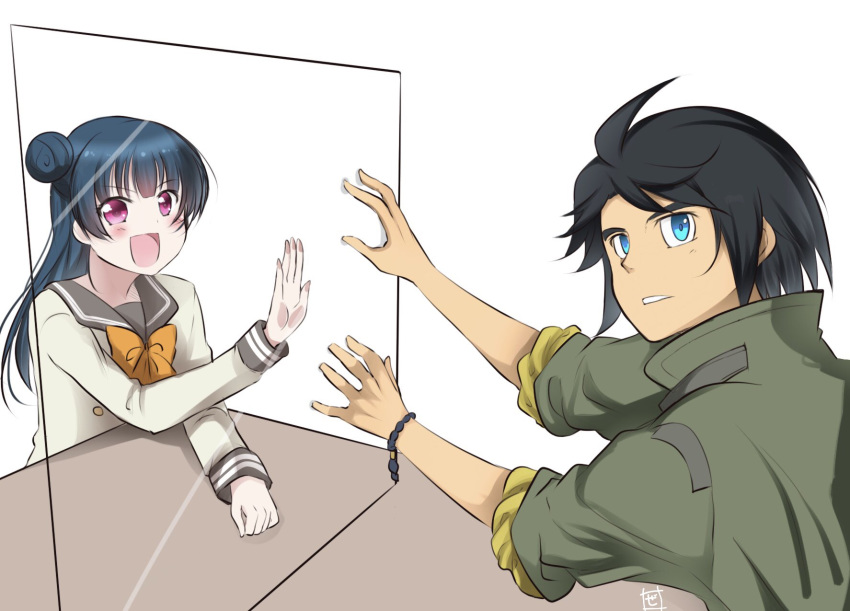 1boy ahoge black_hair blue_eyes blue_hair bracelet check_commentary commentary_request company_connection crossover female glass gundam gundam_tekketsu_no_orphans hair_bun highres jacket jewelry kawanishi_kengo kobayashi_aika long_hair long_sleeves looking_at_viewer love_live! love_live!_sunshine!! mikazuki_augus photo-referenced pink_eyes school_uniform short_hair sidelocks single_hair_bun sleeves_rolled_up sunrise_(company) table tsushima_yoshiko uranohoshi_school_uniform voice_actor_connection zero-theme