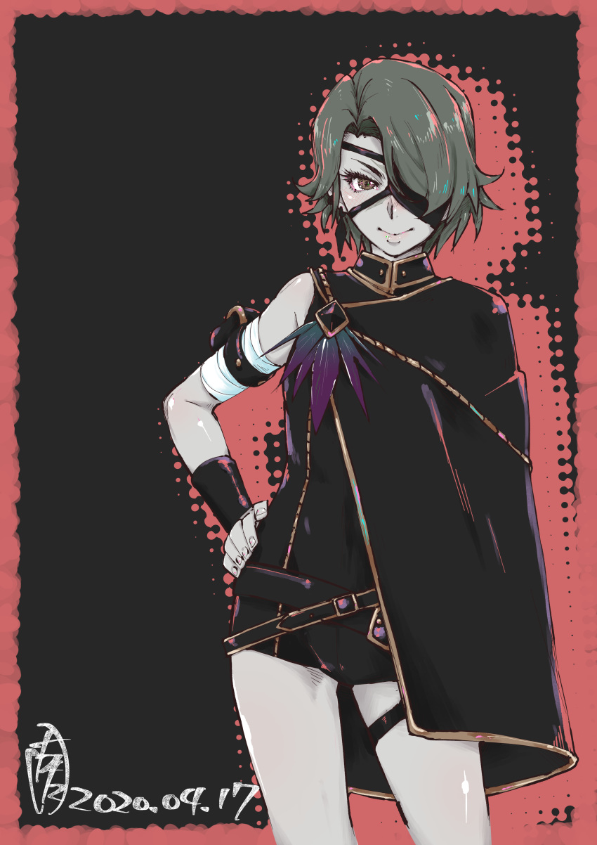 absurdres bandaged_arm bandages black_cape black_jumpsuit brown_eyes cape cinder_fall closed_mouth colored_skin contrapposto cowboy_shot dated eyepatch female grey_hair grey_skin hand_on_own_hip highres jumpsuit limited_palette looking_at_viewer rwby shiny_skin short_hair short_shorts shorts smile solo standing tatsuta_shin'ichi thigh_strap