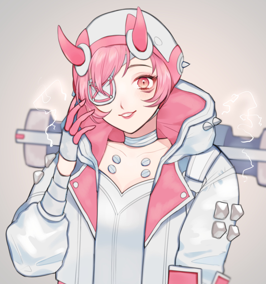 alternate_color animification apex_legends bad_id bad_pixiv_id bodysuit collarbone cookie_galo cyber_punked_wattson electricity female grey_background head_tilt highres hood hooded_jacket horns jacket parted_lips pink_eyes pink_hair smile solo wattson_(apex_legends) white_bodysuit white_headwear white_jacket