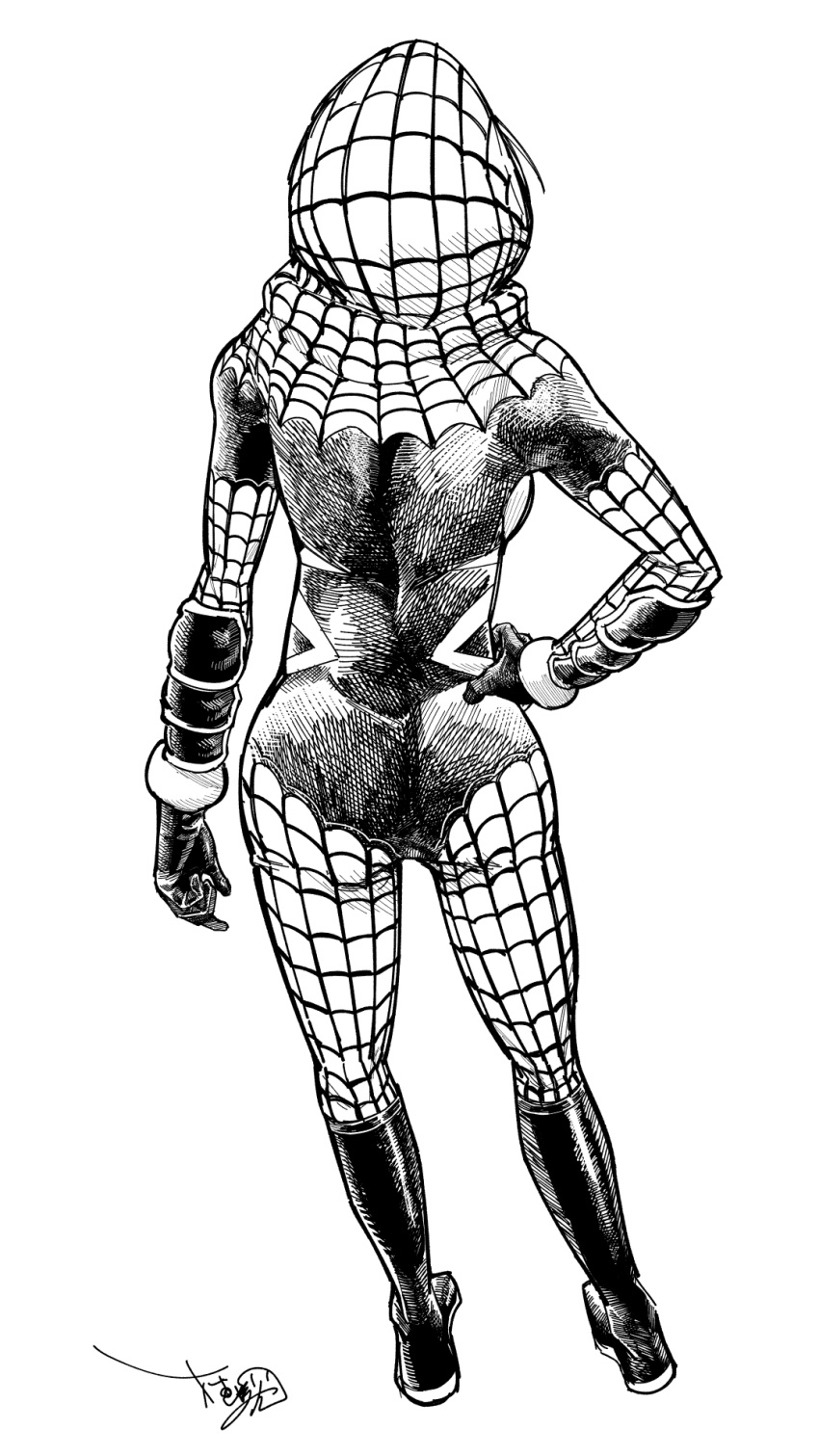 ass bodysuit breasts deadpool_(series) female from_behind full_body gloves greyscale highres hood hoodie marvel monochrome oekaki sakura_spider signature simple_background skin_tight solo spider_web_print superhero_costume uesugi_hikaru white_background