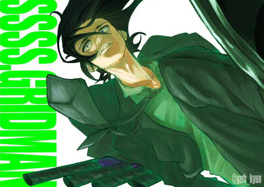 1boy black_eyes black_hair black_jacket commentary copyright_name facial_hair green_necktie green_shirt gridman_universe highres jacket kyunta long_hair male_focus necktie samurai_calibur sheath sheathed shirt simple_background solo ssss.gridman stubble twitter_username upper_body white_background wind