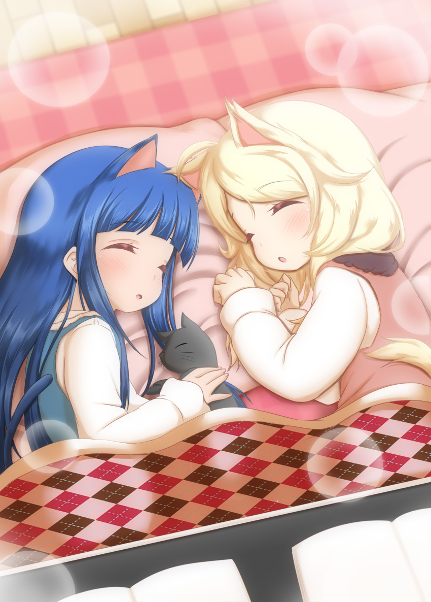 2girls animal_ears blonde_hair blue_hair bubble cat_ears cat_tail closed_eyes feline highres hosizora_mikoto idolmaster idolmaster_cinderella_girls kotatsu long_hair lying medium_hair multiple_girls on_side open_mouth pero_(idolmaster_cinderella_girls) sajo_yukimi sleeping table tail under_covers upper_body yusa_kozue