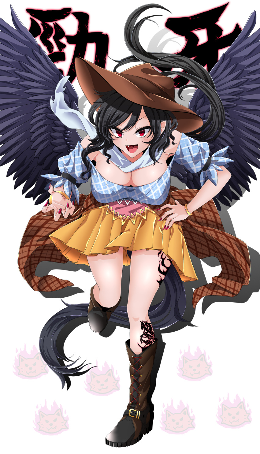 :d absurdres bandana bare_shoulders black_footwear black_hair black_wings blue_shirt boots bracelet breasts brown_hat claw_pose cleavage commentary_request cowboy_hat cross-laced_footwear feathered_wings female hand_on_own_hip hat highres jewelry kurokoma_saki lace-up_boots large_breasts leaning_forward leg_tattoo long_hair looking_at_viewer nail_polish oerba_yun_fang off-shoulder_shirt off_shoulder open_mouth orange_skirt plaid plaid_shirt puffy_short_sleeves puffy_sleeves red_eyes red_nails rihito_(usazukin) shirt short_sleeves simple_background skirt smile solo tattoo thighs touhou unmoving_pattern white_background wings wolf_spirit_(touhou)