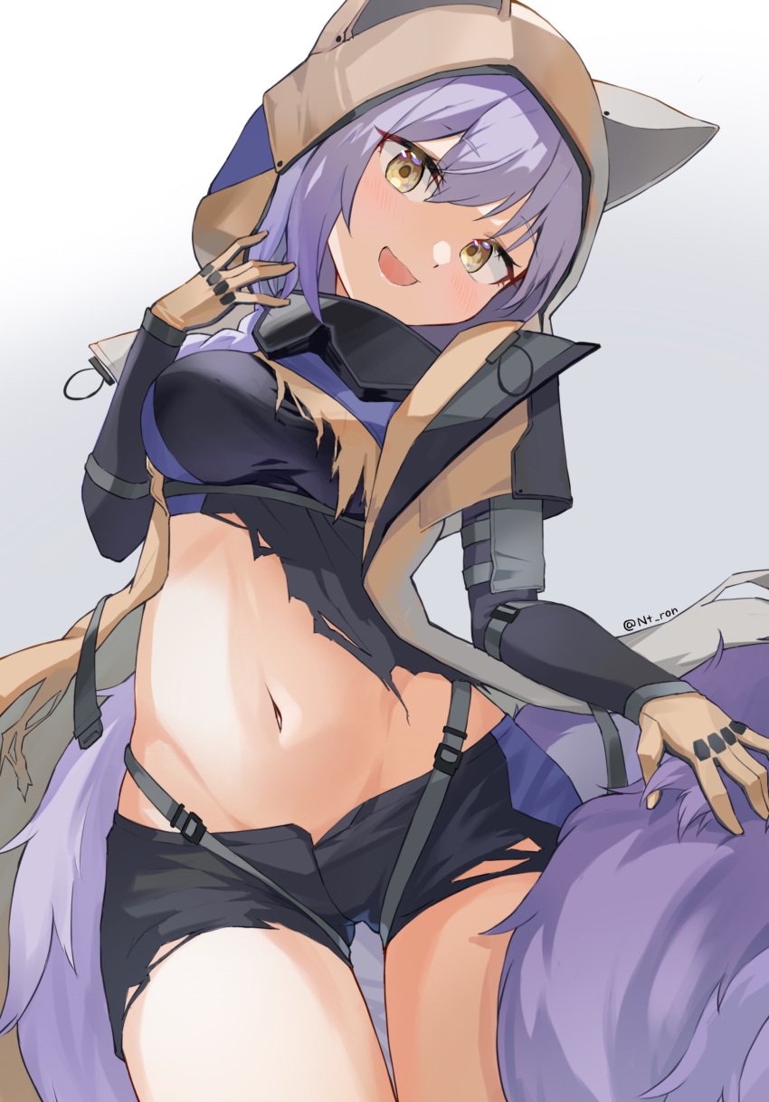 :d absurdres animal_ears arknights ass_visible_through_thighs bad_id bad_pixiv_id black_shorts blush braid breasts brown_gloves cowboy_shot female gloves goggles goggles_around_neck hair_over_shoulder hand_up head_tilt highres hood hood_up large_tail long_hair long_sleeves looking_at_viewer medium_breasts navel nitoron official_alternate_costume open_mouth provence_(arknights) provence_(wasteland_walker)_(arknights) purple_hair revealing_clothes short_shorts shorts simple_background single_braid smile solo stomach tail thigh_gap white_background wolf_ears wolf_girl wolf_tail yellow_eyes