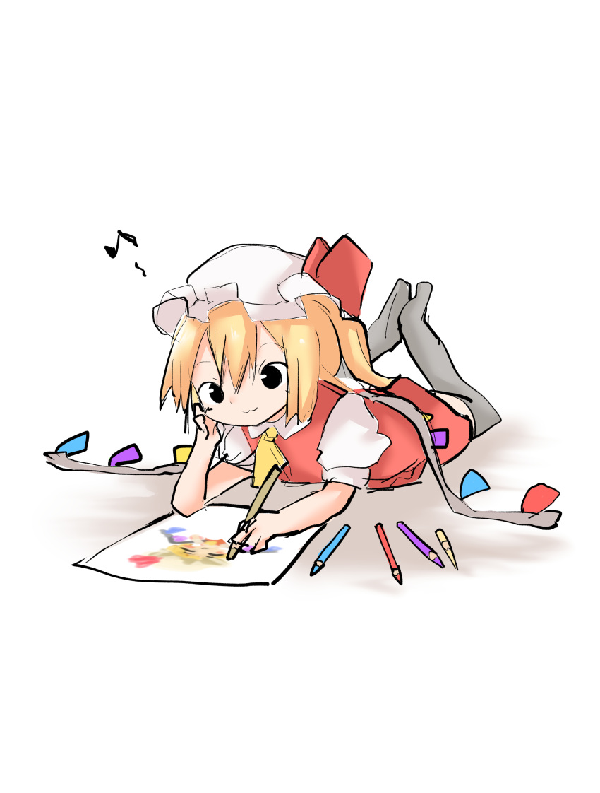 :3 absurdres ascot beamed_eighth_notes black_eyes black_thighhighs blonde_hair child's_drawing commentary_request crayon crystal drawing feet_up female flandre_scarlet full_body hair_between_eyes hat highres lying mob_cap musical_note on_stomach one_side_up puffy_short_sleeves puffy_sleeves shiki_karin short_sleeves smile solo thighhighs touhou vest wings