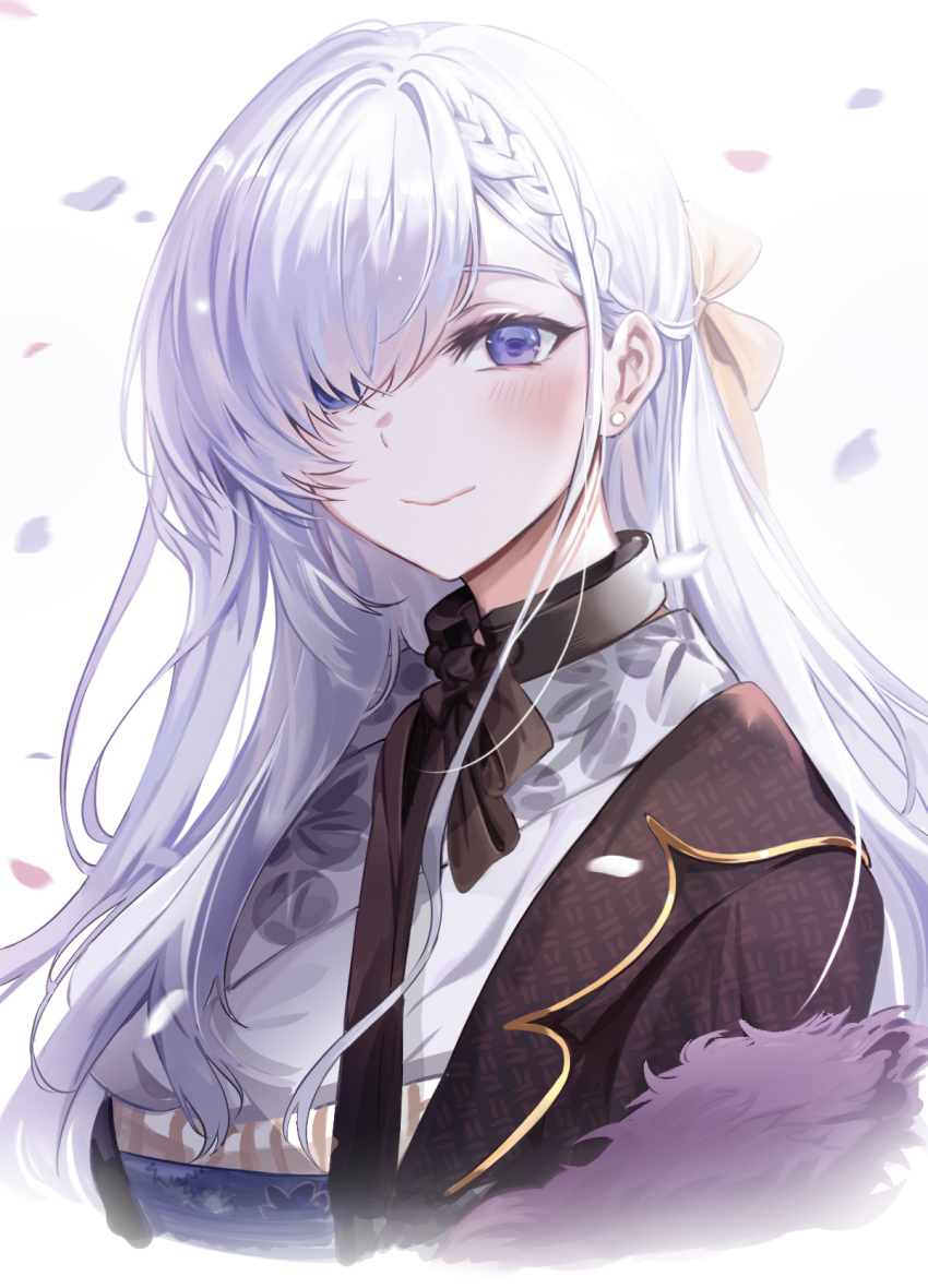 azur_lane belfast_(azur_lane) belfast_(folded_fascination)_(azur_lane) braid collar commentary earrings female floral_print hair_over_one_eye highres japanese_clothes jewelry kimono long_hair official_alternate_costume petals purple_eyes ribbon smile upper_body white_hair yuki_(asayuki101)