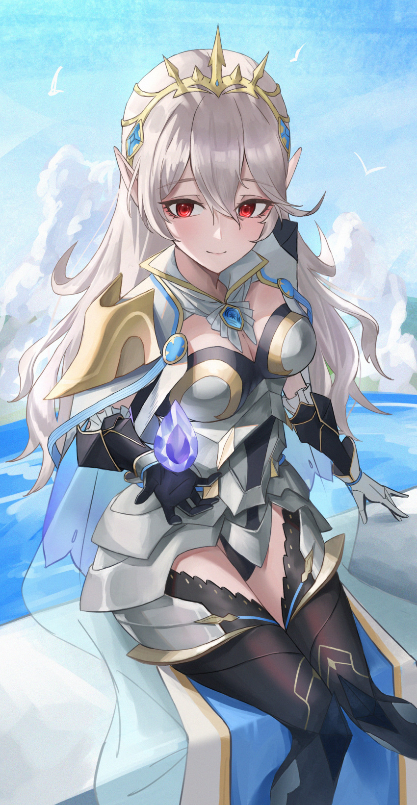 absurdres armor armored_leotard black_leotard breasts cape cleavage commentary_request corrin_(female)_(fire_emblem) corrin_(female)_(silent_bloodline)_(fire_emblem) corrin_(fire_emblem) crown dragonstone female fire_emblem fire_emblem_fates fire_emblem_heroes floating floating_object frills gloves hair_between_eyes hair_ornament hairband highres jewelry leotard long_hair looking_at_viewer official_alternate_costume pointy_ears red_eyes see-through shizukugu03 shoulder_armor sitting smile solo thighhighs white_hair