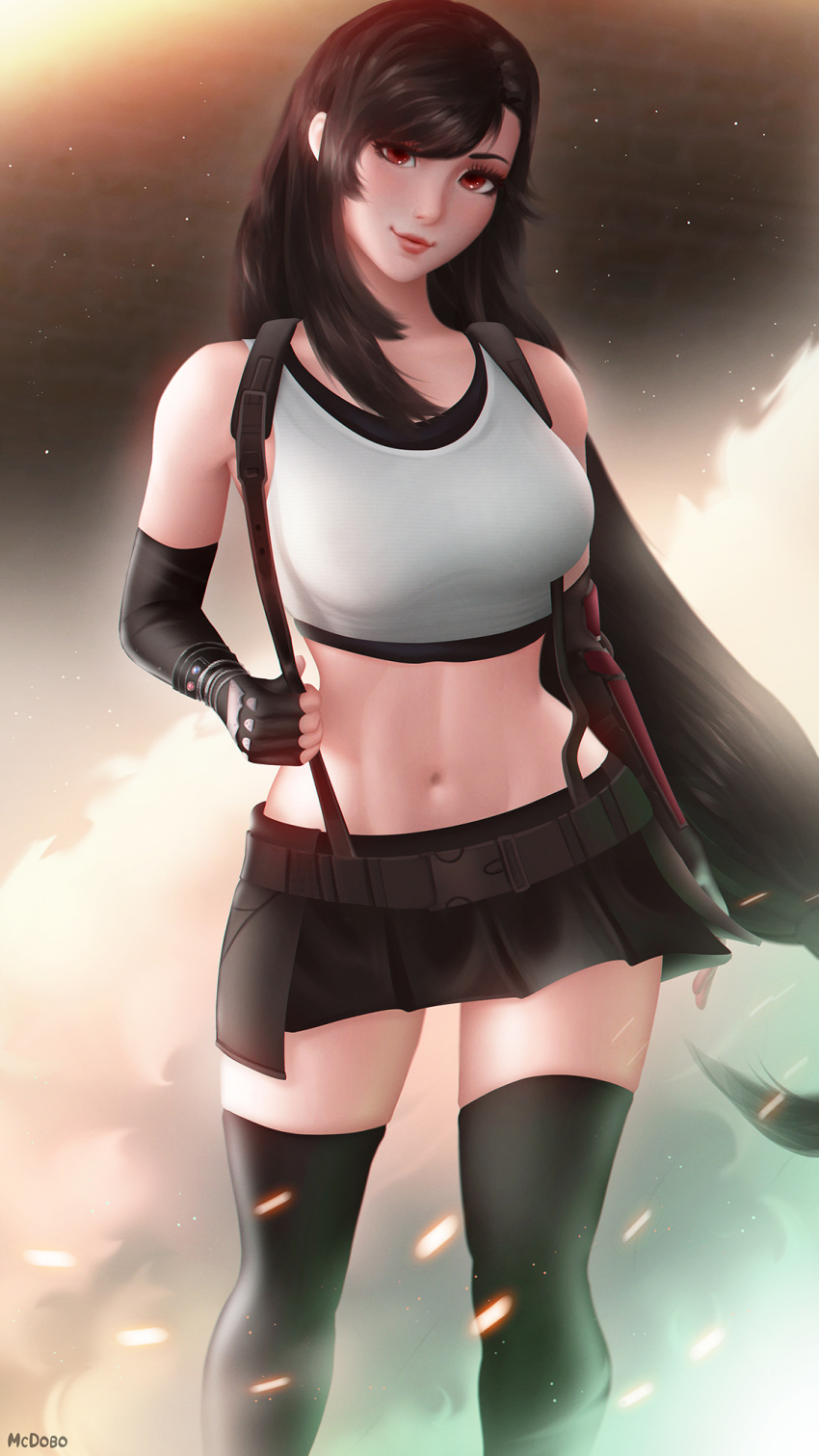 artist_name bare_shoulders black_hair black_skirt black_tank_top black_thighhighs breasts crop_top earrings elbow_gloves elbow_pads female final_fantasy final_fantasy_vii final_fantasy_vii_remake fingerless_gloves gloves head_tilt highres jewelry large_breasts lips long_hair looking_at_viewer low-tied_long_hair mcdobo midriff navel pencil_skirt photoshop_(medium) red_eyes skirt smile solo standing suspender_skirt suspenders swept_bangs tank_top thighhighs tifa_lockhart very_long_hair white_tank_top wind zettai_ryouiki