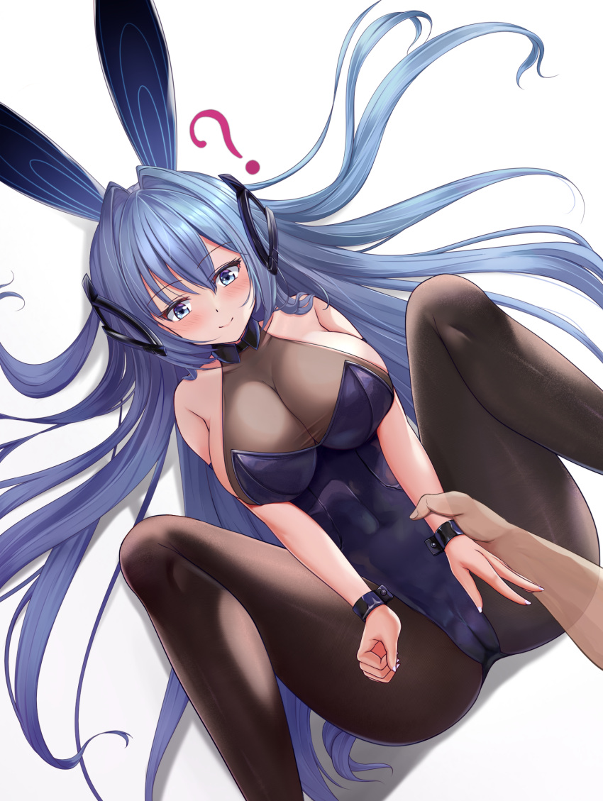 1boy ? animal_ears arm_strap ass azur_lane bare_shoulders black_pantyhose blue_eyes blue_hair blue_leotard bodystocking breasts cleavage fake_animal_ears female from_above headgear highres holding_another's_wrist large_breasts leotard long_hair lying m_legs nail_polish new_jersey_(azur_lane) new_jersey_(exhilarating_steps!)_(azur_lane) official_alternate_costume on_back pantyhose playboy_bunny rabbit_ears see-through see-through_cleavage shenqi_(toid310) skin_tight solo_focus straight strapless strapless_leotard taut_clothes very_long_hair white_background white_nails wrist_cuffs