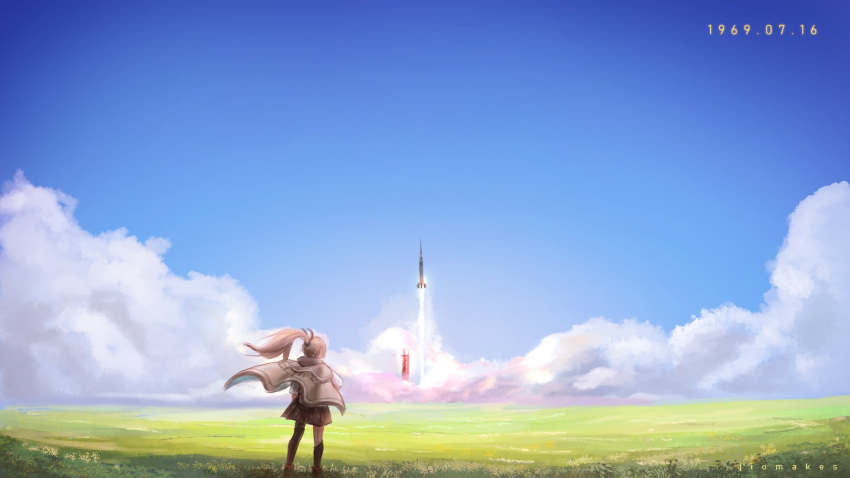 apollo_11 asymmetrical_legwear blue_sky brown_cloak brown_hair cloak cloud commentary english_commentary feather_hair_ornament feathers female hair_ornament highres hololive hololive_english jio_(jiomakes) kneehighs landscape launching long_hair nanashi_mumei nanashi_mumei_(1st_costume) outdoors over-kneehighs ponytail rocket shirt signature single_kneehigh single_sock skirt sky socks solo standing thighhighs very_long_hair virtual_youtuber white_shirt