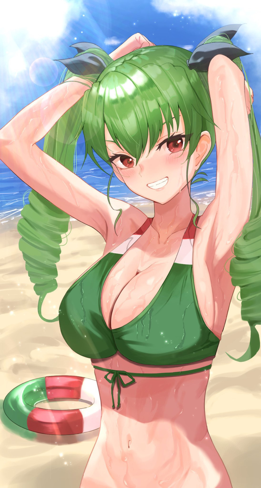 anchovy_(girls_und_panzer) armpits arms_behind_head arms_up beach bikini black_ribbon blush breasts brown_eyes cleavage collarbone day drill_hair female girls_und_panzer green_hair grin hair_ribbon highres innertube italian_flag_bikini large_breasts long_hair looking_at_viewer mamaa_(maeni6379) navel outdoors ribbon smile solo swim_ring swimsuit teeth twin_drills upper_body