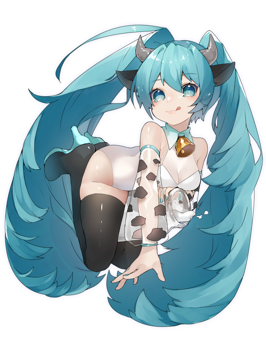 absurdres animal_ears animal_print aqua_eyes aqua_hair bare_shoulders bell black_thighhighs bottle commentary cow_ears cow_girl cow_horns cow_print detached_sleeves female hair_ornament hatsune_miku high_heels highres horns legs_up leotard lips long_hair milk_bottle neck_bell reirou_(chokoonnpu) see-through see-through_sleeves shiny_clothes shiny_legwear smile solo spilling thighhighs tongue tongue_out twintails very_long_hair vocaloid white_background white_leotard