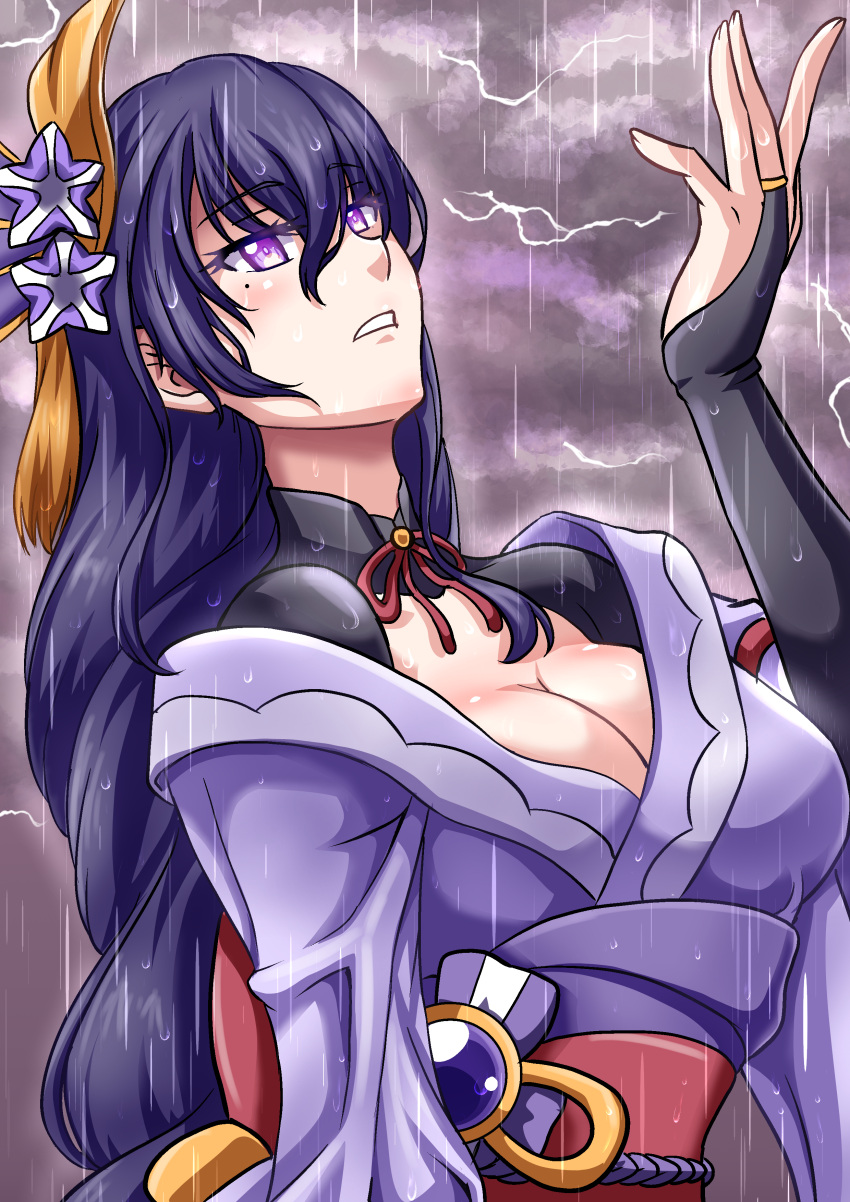 absurdres atawatsho blunt_bangs bow bowtie breasts cleavage cloud cloudy_sky commentary detached_collar english_commentary female genshin_impact hair_ornament highres japanese_clothes lightning long_hair looking_away looking_up low_ponytail mole mole_under_eye obi parted_lips purple_eyes purple_hair raiden_shogun rain sash sidelocks sky solo vision_(genshin_impact) wet wet_clothes wet_hair wide_sleeves