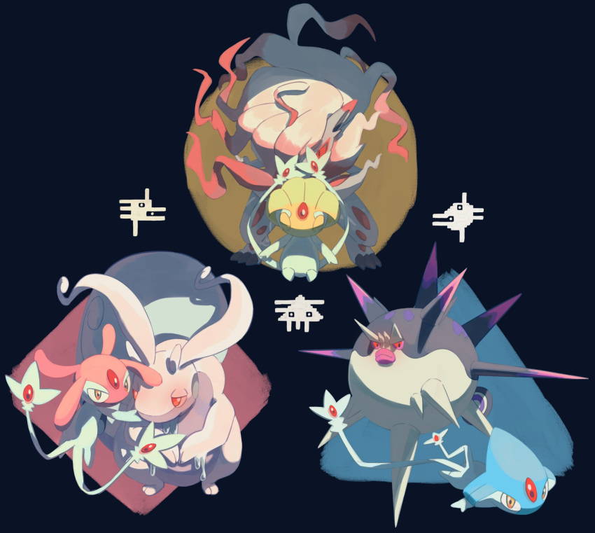 azelf black_background claws closed_eyes closed_mouth commentary_request furry glowing glowing_eyes highres hisuian_goodra hisuian_zoroark mesprit overqwil pokemon pokemon_(creature) protected_link red_eyes slime_(substance) spikes torinoko_(miiko_draw) uxie yellow_eyes