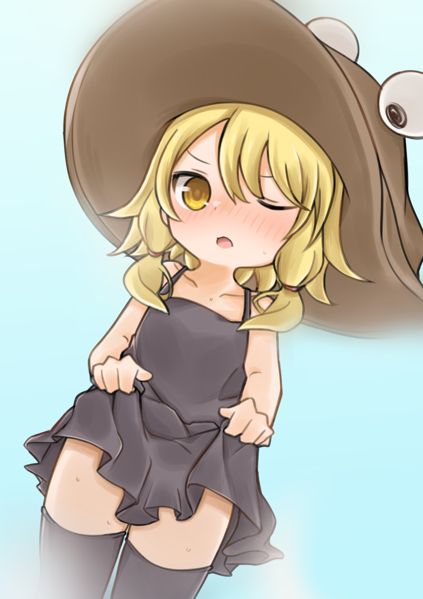 absurdres black_thighhighs blonde_hair bloom blue_background blush commentary_request dutch_angle female gradient_background hat highres looking_at_viewer moriya_suwako nose_blush one_eye_closed shiki_karin simple_background solo sweat thighhighs touhou yellow_eyes