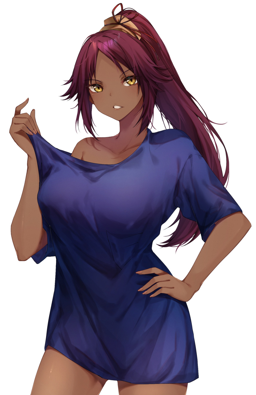 bleach blue_shirt breasts clothes_pull collarbone contrapposto cowboy_shot dark-skinned_female dark_skin female hand_on_own_hip highres large_breasts long_hair looking_at_viewer off_shoulder parted_bangs parted_lips ponytail purple_hair shihouin_yoruichi shirt shirt_pull sidelocks single_bare_shoulder smile solo thighs tsukichan_(maynyan23) white_background yellow_eyes