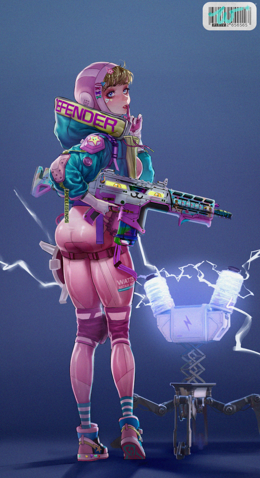 animification apex_legends ass assault_rifle barcode blonde_hair blue_eyes blue_jacket bodysuit english_commentary eyeshadow female finger_to_mouth gloves gun hemlok highres holding holding_gun holding_weapon hood hooded_jacket jacket kawaii_voltage_wattson makeup official_alternate_costume pink_bodysuit pink_eyeshadow pink_footwear pink_gloves pink_headwear rifle shoes shushing sneakers solo thigh_strap vocky wattson_(apex_legends) weapon