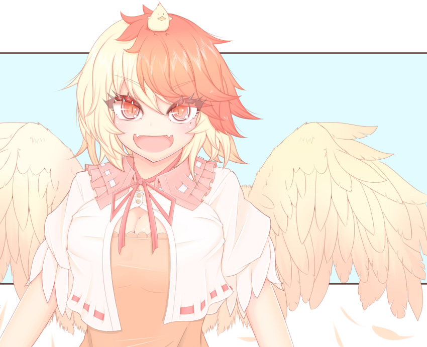 :d animal_on_head bird blonde_hair breasts chick cleavage commentary_request cube85 dress fangs feathered_wings female frilled_shirt_collar frills large_breasts looking_at_viewer multicolored_hair neck_ribbon niwatari_kutaka on_head open_mouth orange_dress partial_commentary puffy_short_sleeves puffy_sleeves red_eyes red_hair ribbon short_hair short_sleeves skin_fangs smile solo touhou two-tone_hair upper_body v-shaped_eyebrows wings yellow_wings