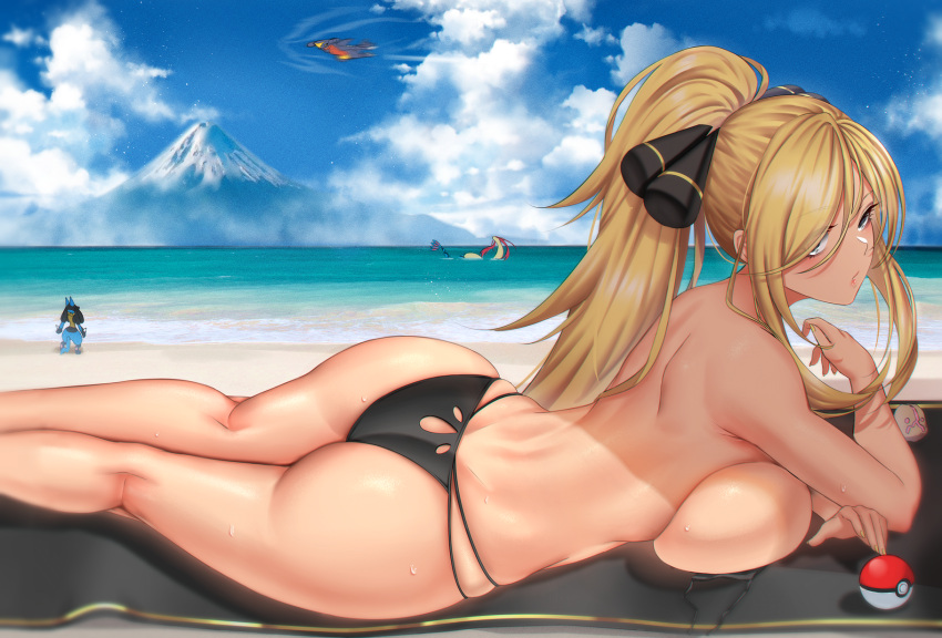 anima_(togashi) ass bare_arms bare_shoulders beach beach_towel bikini bikini_bottom_only blue_sky breast_press breasts cleavage cloud cloudy_sky commentary_request cynthia_(pokemon) day female garchomp hair_ornament highres large_breasts long_hair looking_at_viewer lucario lying milotic mountain ocean on_stomach outdoors parted_lips poke_ball pokemon pokemon_(creature) pokemon_dppt sand shiny sideboob simple_background sky sweat sweatdrop swimsuit thighs tied_hair topless towel water