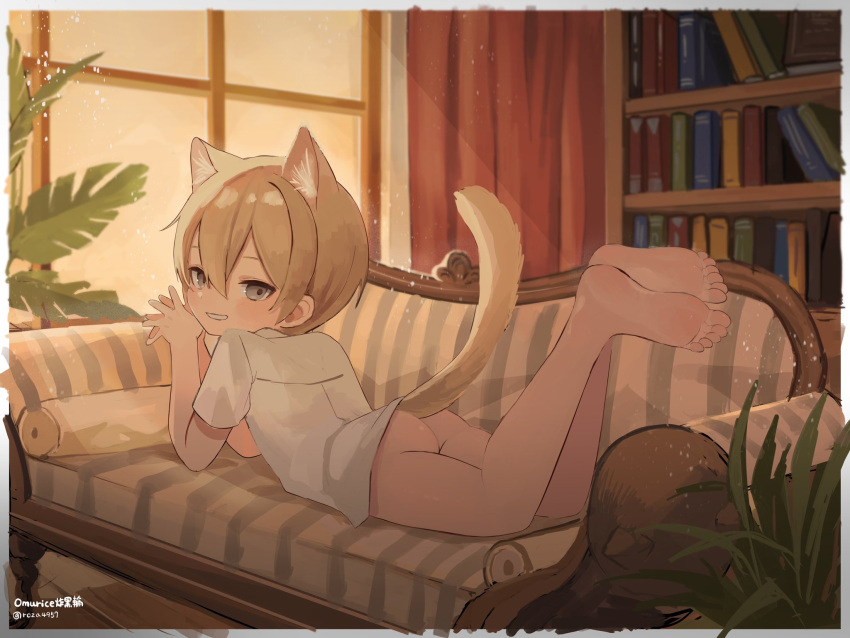 1boy animal_ears ass barefoot blonde_hair bookshelf brown_eyes cat_boy cat_ears cat_tail extra_ears highres indoors looking_at_viewer looking_back male_child male_focus omurice_(roza4957) original shirt short_hair short_sleeves t-shirt tail white_shirt window