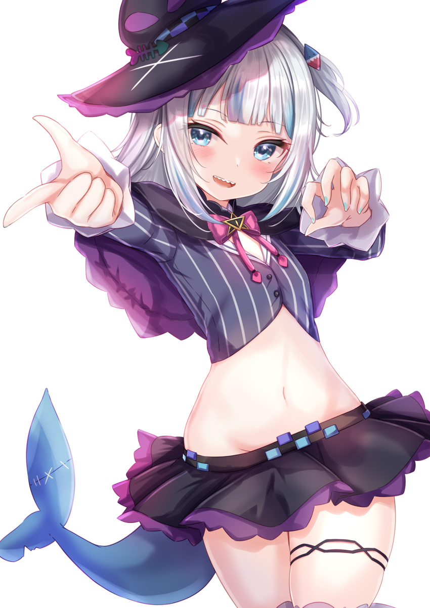 :d black_capelet black_hat black_shirt black_skirt blue_eyes blue_hair blue_nails bow bowtie capelet commentary cosplay cowboy_shot crop_top english_commentary female fins fish_tail flat_chest foreshortening gawr_gura grey_hair groin hair_ornament hat highres hip_focus hololive hololive_english long_hair long_sleeves looking_at_viewer midriff miniskirt multicolored_hair murasaki_shion murasaki_shion_(1st_costume) murasaki_shion_(cosplay) nail_polish navel one_side_up open_mouth outstretched_arm petite pink_bow pinstripe_pattern pinstripe_shirt pleated_skirt shark_girl shark_hair_ornament shark_tail sharp_teeth shirt sidelocks simple_background skirt smile solo standing stomach streaked_hair striped_clothes striped_shirt tail teeth thigh_strap thighhighs tilted_headwear upper_teeth_only virtual_youtuber white_background witch_hat yuano zettai_ryouiki