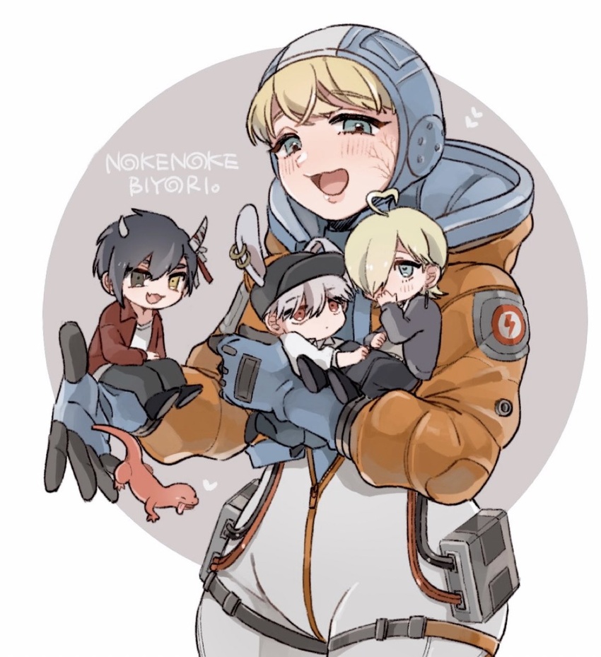 3boys ahoge animal_ears animalization animification apex_legends black_eyes black_hair black_headwear blonde_hair blue_bodysuit blue_eyes bodysuit brown_eyes cable female guu-chan_(noke_noke_biyori) hair_over_one_eye heart heart_ahoge highres hood hooded_jacket jacket kanna_yuzu_(vtuber) mattsun_(noke_noke_biyori) mini_person miniboy multiple_boys noke_noke_biyori one_eye_covered orange_jacket rabbit_boy rabbit_ears salamander shimijimi soracchi_(noke_noke_biyori) virtual_youtuber wattson_(apex_legends) white_bodysuit