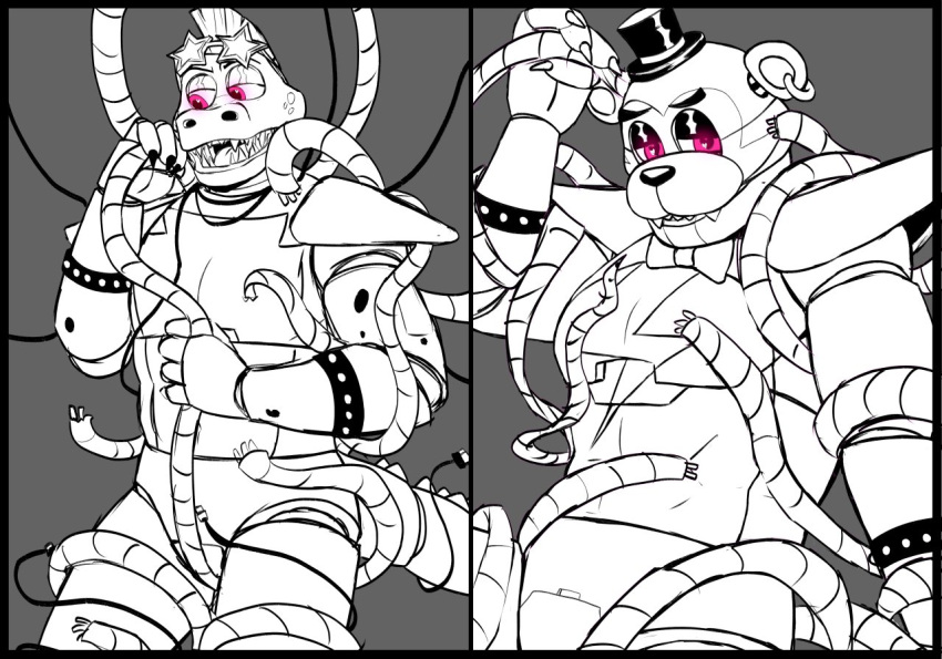 2022 2boys alligator alligatorid animatronic anthro anthro_focus anthro_only bear bodypaint bow_tie bowtie bracelet bracelets claws crocodile crocodilian crocodylid digital_drawing_(artwork) digital_media_(artwork) doodle duo duo_focus ear_ring earring facepaint fang_out fangs finger_claws five_nights_at_freddy's five_nights_at_freddy's:_security_breach gay gay_male glamrock_freddy_(fnaf) glasses half-closed_eyes headgear headwear heart heart-shaped_pupils imminent_sex looking_at_tentacle machine male male/male male_anthro male_only mammal mammal_humanoid mohawk_(hairstyle) monochrome montgomery_gator_(fnaf) pierced_ear piercing pink_eyes reptile reptile_humanoid robot scales scottgames sharp_teeth shoulder_pads spaceandroids star_glasses steel_wool_studios studded_bracelet submissive submissive_anthro submissive_male sunglasses tentacle tentacle_around_arm tentacle_around_leg tentacle_bondage tentacle_grab tentacle_monster tentacle_on_male top_hat ursid ursid_humanoid wire wire_bondage wires