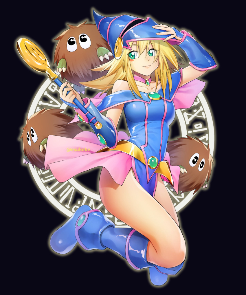 bare_shoulders blonde_hair blue_footwear blue_headwear boots breasts dark_magician_girl duel_monster eisuke_(gobangai_hole_boys) female green_eyes hat highres holding holding_wand kuriboh long_hair pelvic_curtain pink_skirt showgirl_skirt skirt small_breasts wand wizard_hat yu-gi-oh!