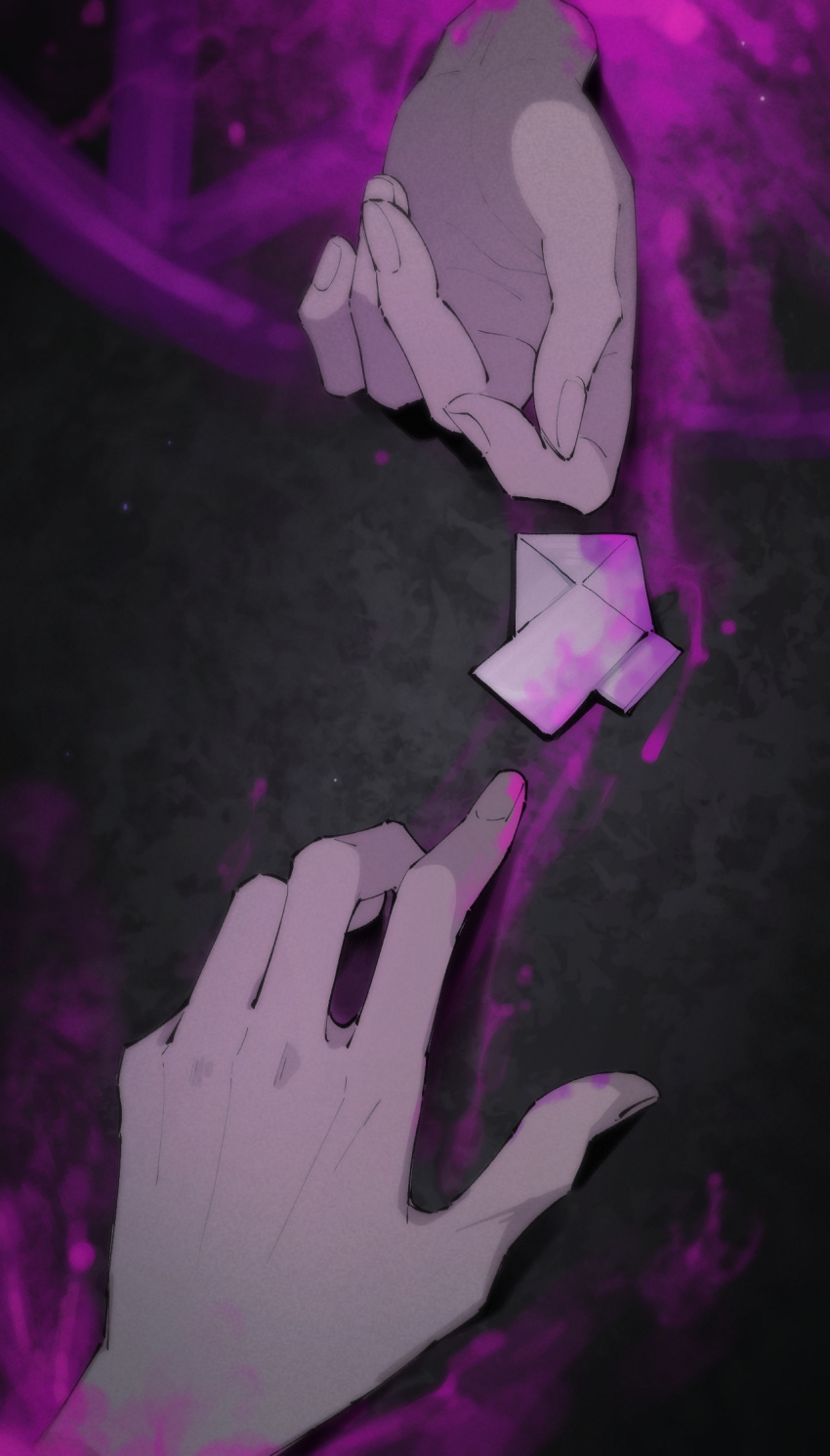 1boy blood blood_stain character_request check_character chiebukuro_setsuka commentary danganronpa_(series) english_commentary envelope female fingernails gisces hand_focus highres indoors light_particles pink_blood severed_hand spoilers super_danganronpa_another_2 yomiuri_nikei