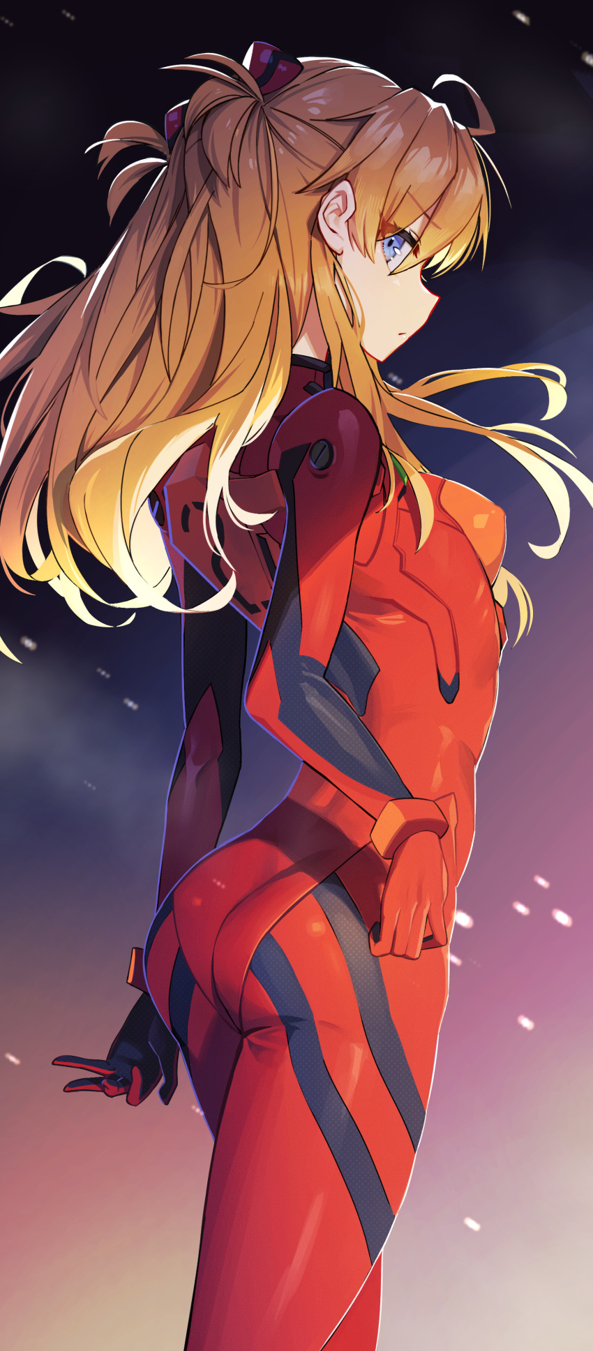 absurdres ahoge ass blue_eyes bodysuit bongnom breasts covered_nipples cowboy_shot female highres interface_headset long_hair looking_at_viewer neon_genesis_evangelion orange_hair pilot_suit plugsuit red_bodysuit skin_tight small_breasts solo souryuu_asuka_langley two_side_up