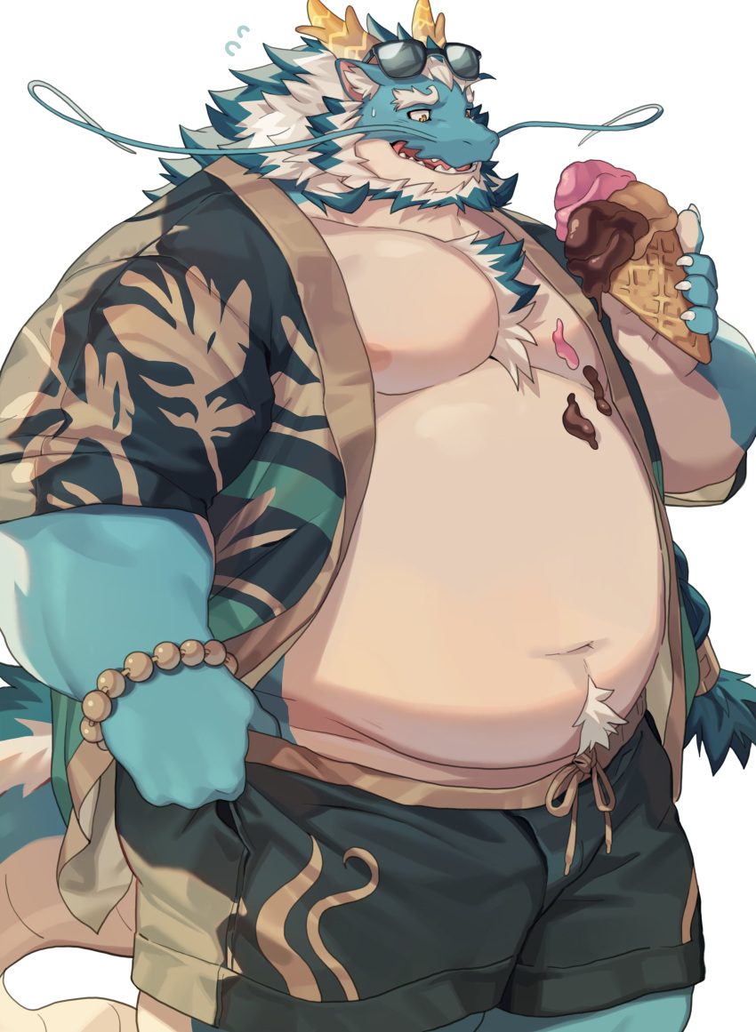 1boy absurdres animal_ear_fluff aqua_hair aqua_skin bara bead_bracelet beads beard belly bracelet braid chest_tuft cowboy_shot dragon_boy eastern_dragon_horns eastern_dragon_tail eyewear_on_head facial_hair fat fat_man food_on_body food_on_pectorals full_beard furry furry_male highres holding holding_ice_cream_cone huge_eyebrows ice_cream_cone jewelry long_mustache male_focus manboobs mature_male moustache multicolored_hair navel_hair nipple_slip nipples open_clothes open_mouth open_shirt qinglong_(housamo) sharp_teeth shorts simple_background single_braid solo sweatdrop teeth three_quarter_view tokyo_afterschool_summoners two-tone_beard two-tone_hair white_background white_hair yed_(yedsilent)