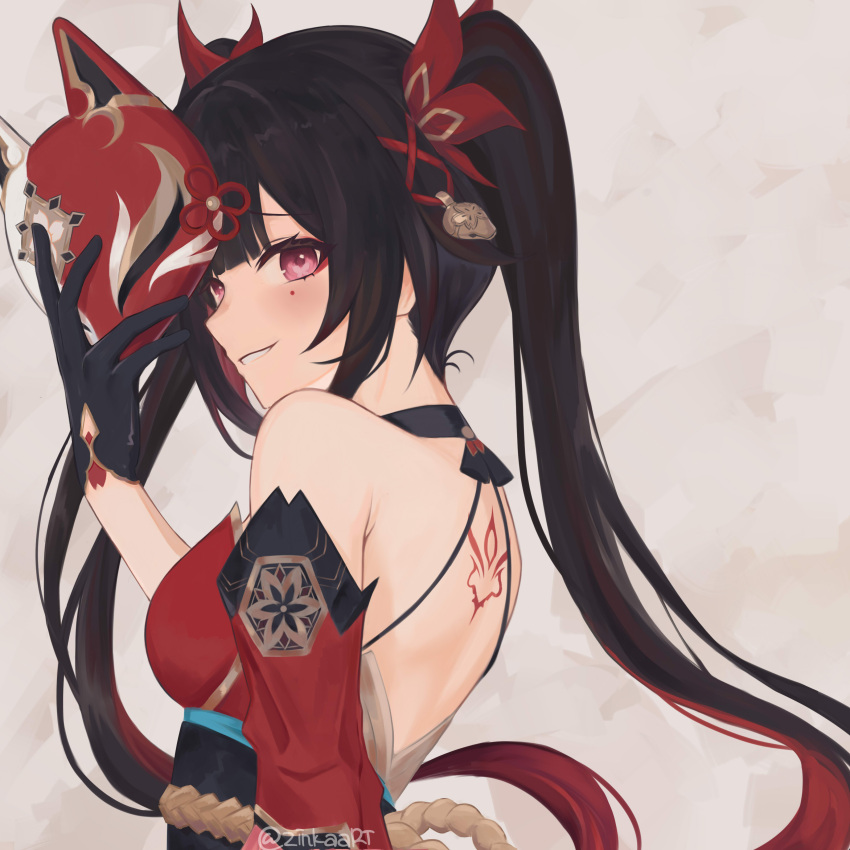 :d absurdres bare_shoulders black_gloves bow brown_background brown_hair detached_sleeves dress female fox_mask from_side gloves gradient_hair grin hairbow highres holding holding_mask honkai:_star_rail honkai_(series) long_hair looking_at_viewer mask multicolored_hair obi open_mouth red_bow red_dress red_hair red_sleeves sash short_sleeves sideways_glance simple_background sleeveless sleeveless_dress smile solo sparkle_(honkai:_star_rail) teeth twintails upper_body very_long_hair zinkaa