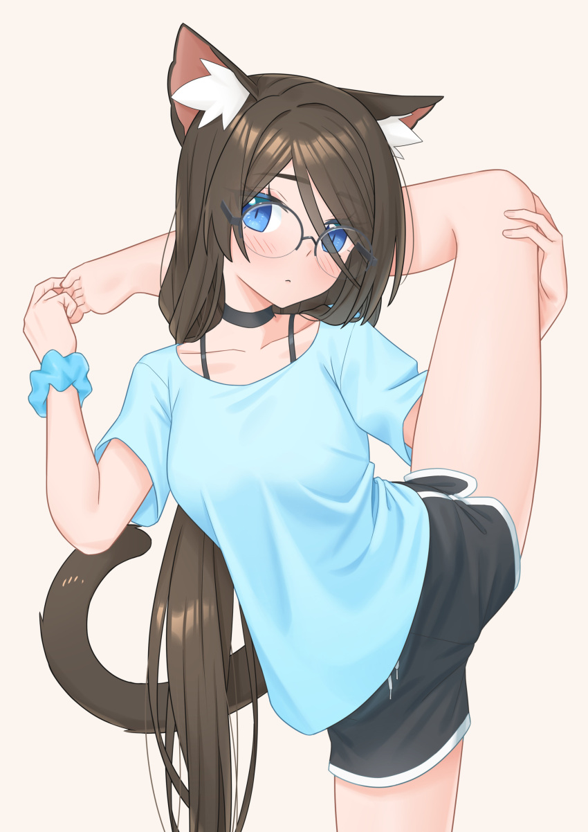 absurdres aina_(mao_lian) animal_ear_fluff animal_ears bare_legs barefoot black_choker black_shorts blue_eyes blush bra_strap breasts brown_hair cat_ears cat_girl cat_tail choker commentary_request cowboy_shot dolphin_shorts female flexible foot_behind_head glasses hair_between_eyes highres mao_lian_(nekokao) original scrunchie shirt short_shorts shorts simple_background soles solo split standing standing_on_one_leg standing_split t-shirt tail white_background wrist_scrunchie